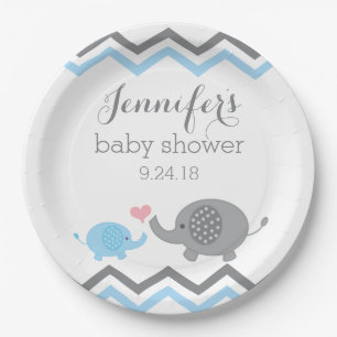 Elephant Baby Shower Teller Blauer Grau Zickzack
