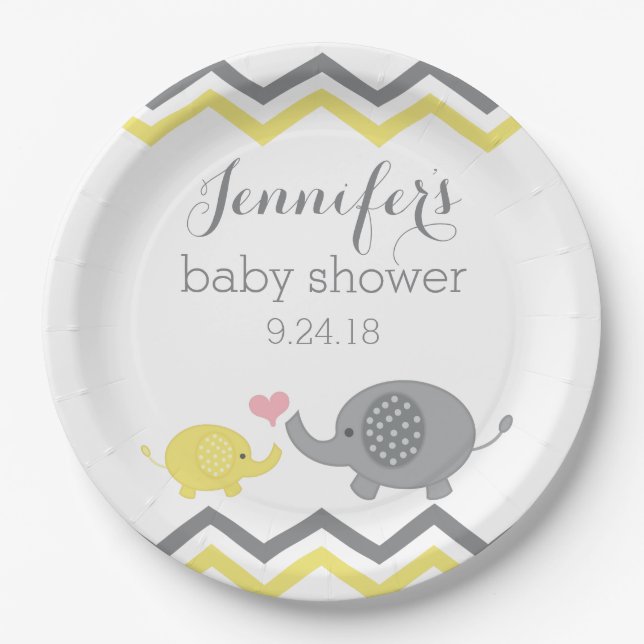 Elephant Baby Shower Teller | Gelbgrau Zickzack (Vorderseite)