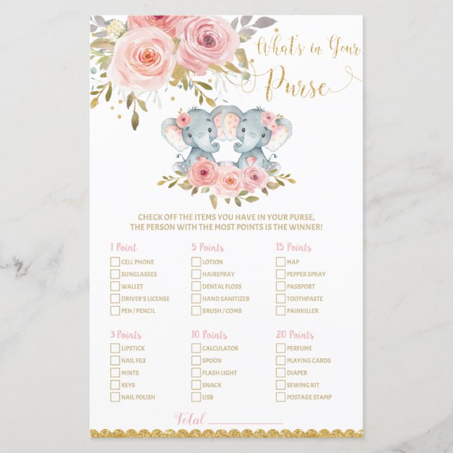Elephant Baby Shower Was ist in Ihrem Purse Game? (Vorderseite)