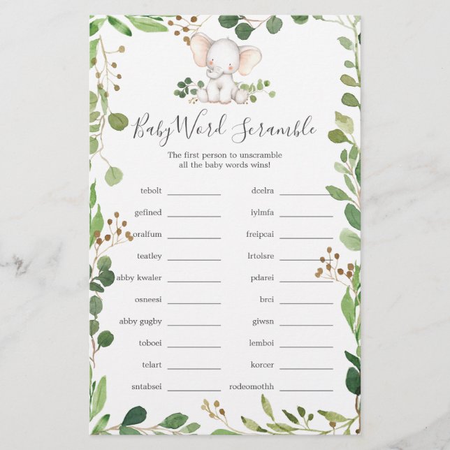 Elephant Baby Shower Word Scramble Game (Vorderseite)