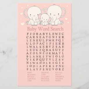 Elephant Baby Shower Word Search Game