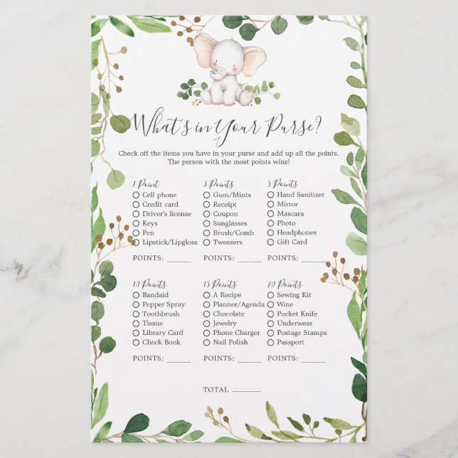 Elephant Babydusche Was in Ihrer Handtasche steckt (Vorderseite)