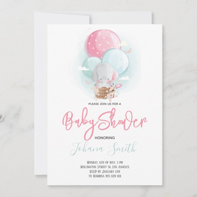 Elephant Balloon Baby Shower Einladung (Vorderseite)