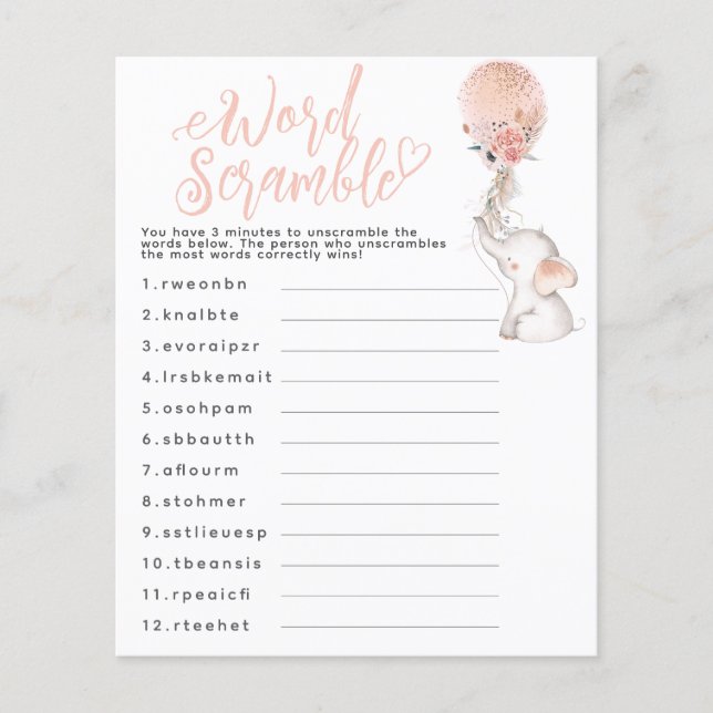 Elephant Balloon Baby Shower Game Baby Scramble (Vorderseite)