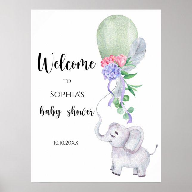 Elephant & Balloon Begrüßung Babydusche Poster (Vorne)