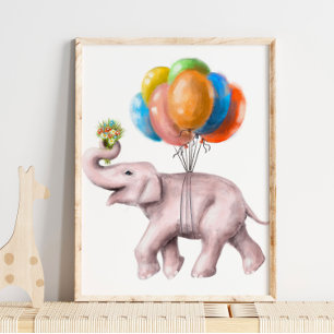 Elephant Balloon Bouquet Print   Aquarelldruck Poster