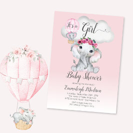 Elephant Balloon Girl Baby Shower | Rosa Rosen Einladung