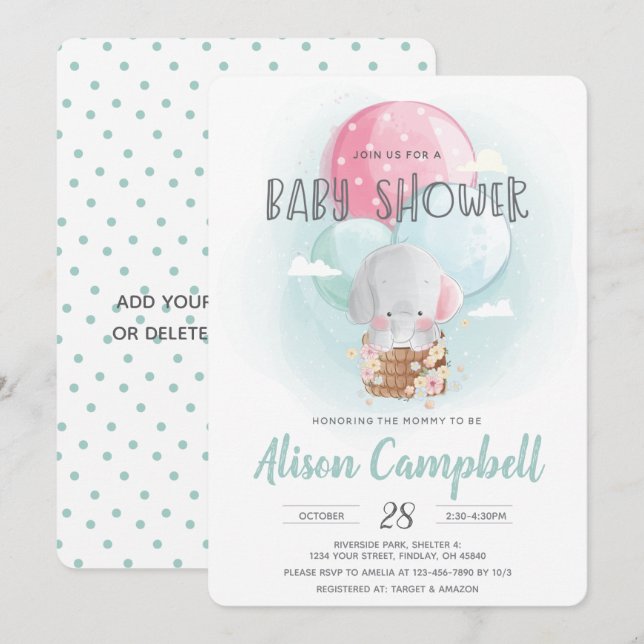Elephant Balloons Gender Neutral Baby Shower Einladung (Vorne/Hinten)