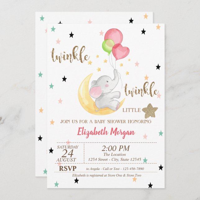 Elephant, Balloons, Twinkle Little Star Baby Dusch Einladung (Vorne/Hinten)