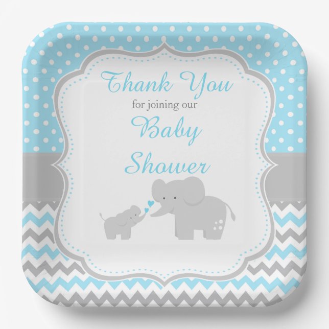 Elephant Blue and Gray Baby Shower Party Pappteller (Vorderseite)