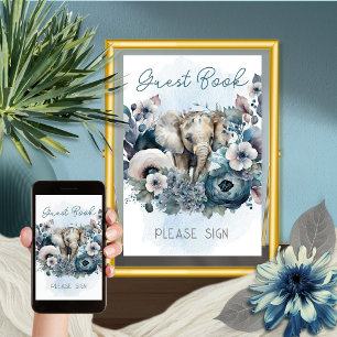 Elephant Blue Baby Shower Gästebuch Bitte unterzei