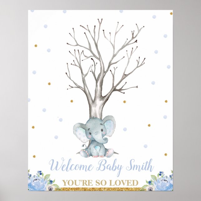 Elephant Blue Boy Baby Dusche Dumbprints Tree Poster (Vorne)