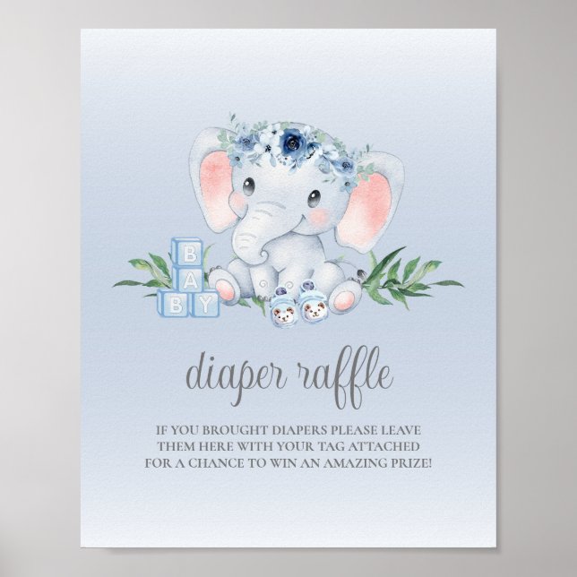 Elephant Blue Boy Babydusche Windeln Raffel-Zeiche Poster (Vorne)