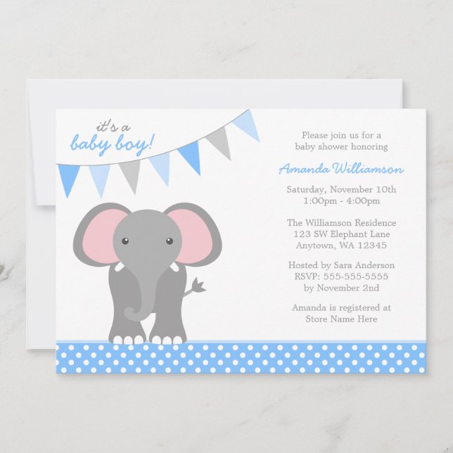 Elephant Blue Polka Dot Banner Boy Baby Dusche Einladung (Vorderseite)