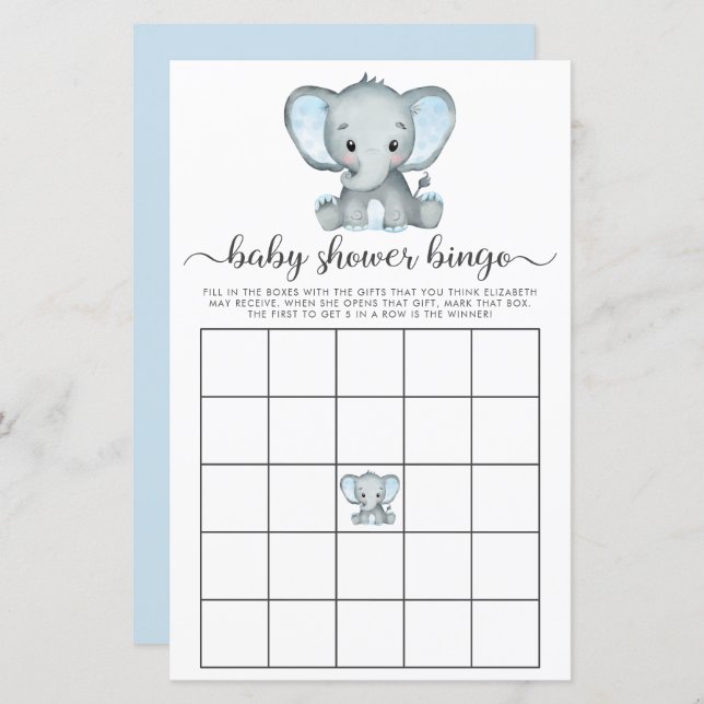 Elephant Blue Watercolor Baby Bingo Showspiel (Vorne/Hinten)