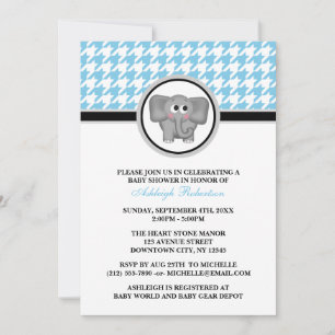 Elephant Blue & White Hahnentrittmuster Babydusche Einladung