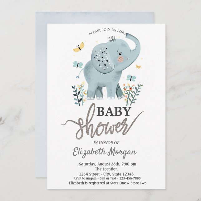 Elephant Blume Butterflies Babydusche Einladung (Vorne/Hinten)