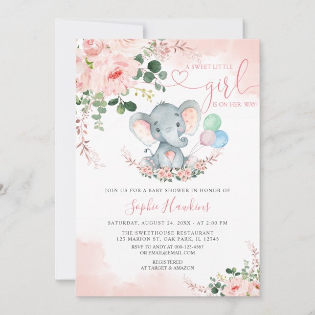 Elephant Blush Pink Sweet Little Girl Baby Dusche Einladung (Vorderseite)