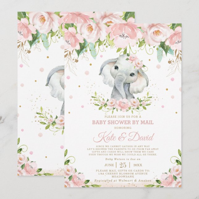 Elephant Blush Virtual Baby Dusche per Mail Einladung (Vorne/Hinten)