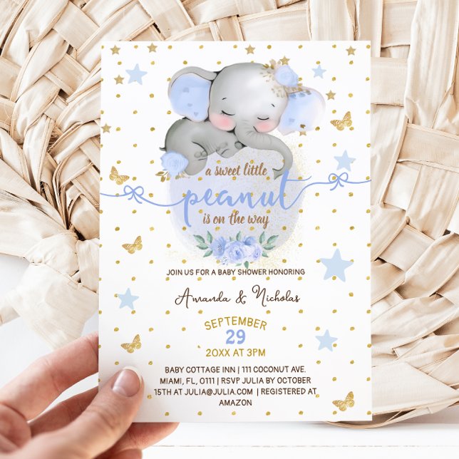 Elephant Botanical Pastel Blue Baby Boy Dusche Einladung (Von Creator hochgeladen)