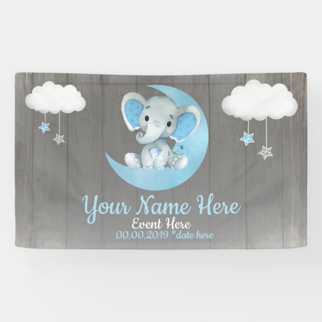 Elephant Boy Backdrop Moon Stars Blau Name Stars Banner (Horizontal)