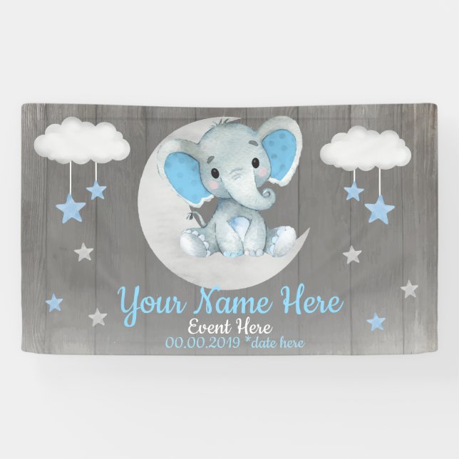 Elephant Boy Backdrop Moon Stars Blauer Name Banner (Horizontal)