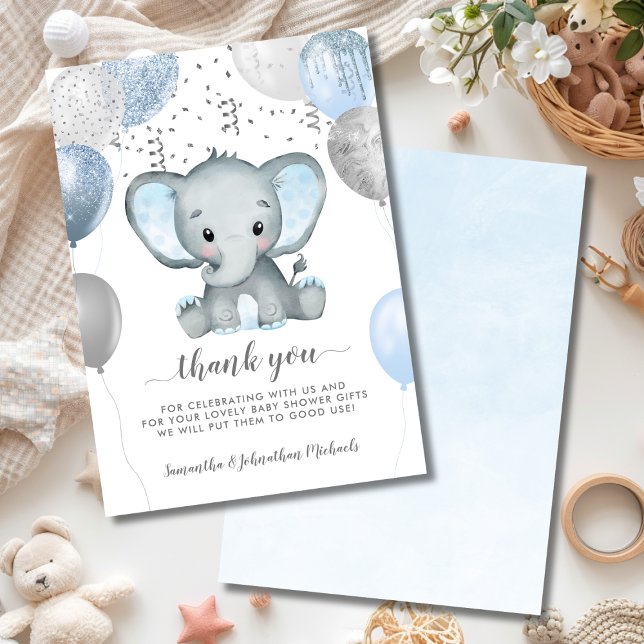 Elephant Boy Balloons Watercolor Babydusche Dankeskarte (Elephant Boy Balloons Watercolor Baby Shower Thank You Card)
