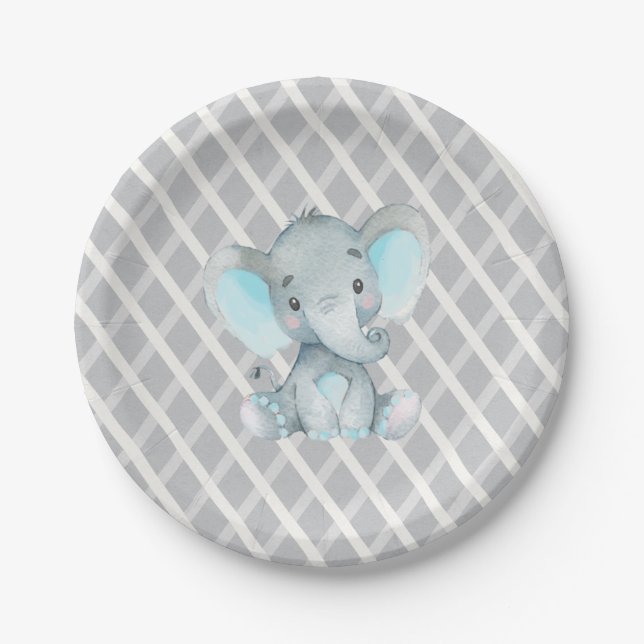 Elephant Boy Blue Baby Dusche Pappteller (Vorderseite)
