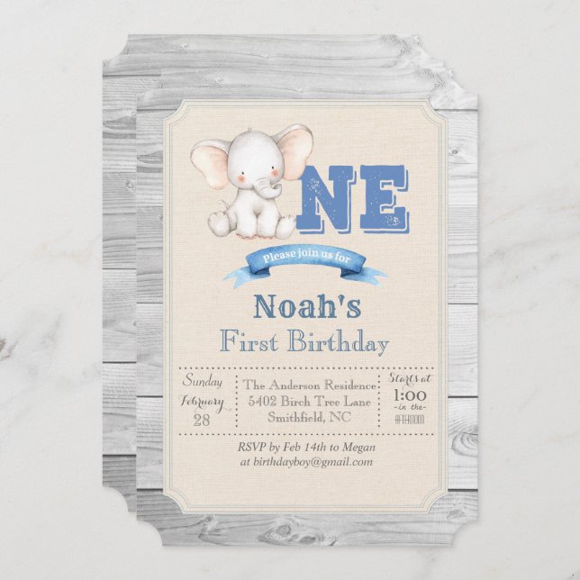 Elephant Boy Erster Geburtstag Einladung (Vorne/Hinten)