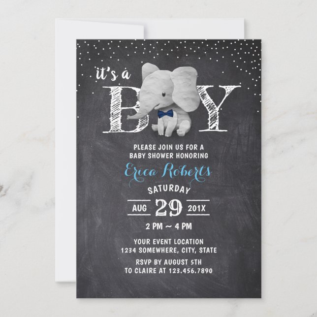 Elephant Boy Rustic Chalkboard Baby Dusche Einladung (Vorderseite)