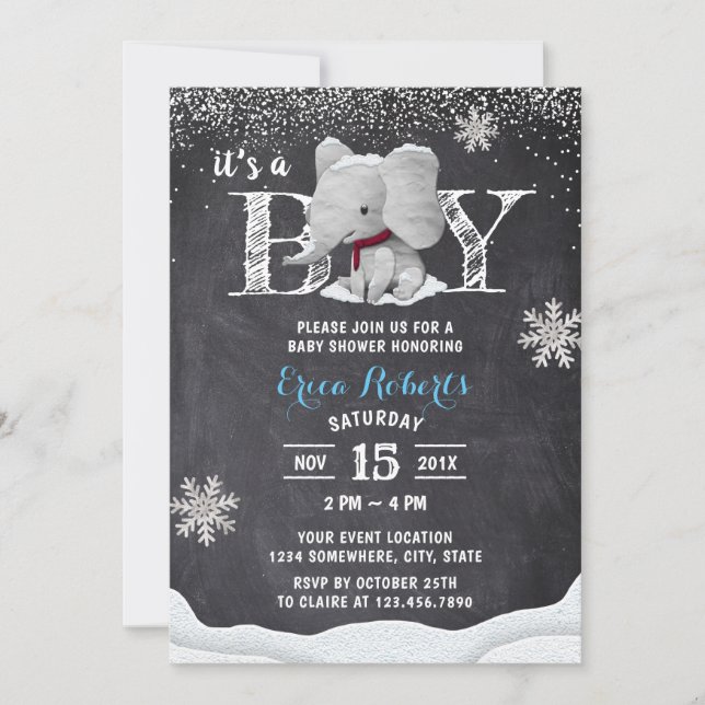 Elephant Boy Rustic Winter Snowflakes Babydusche Einladung (Vorderseite)
