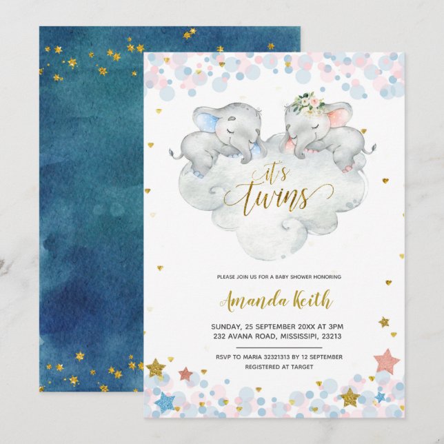 Elephant Boy Twins Baby Shower Einladung (Vorne/Hinten)
