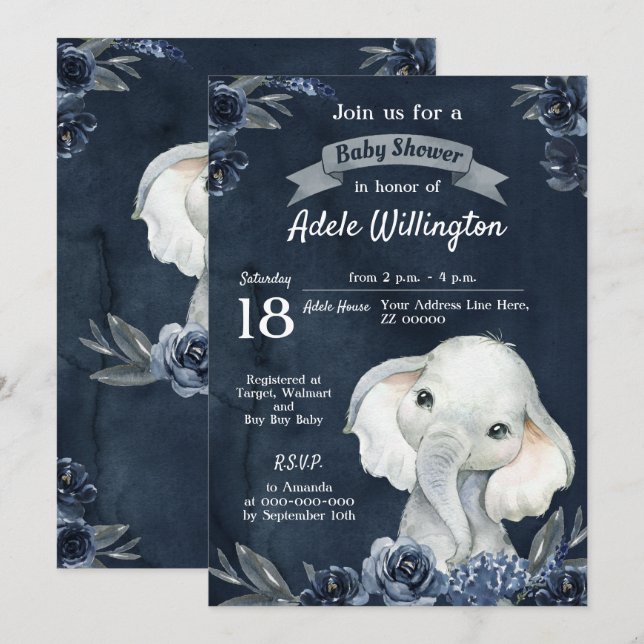 Elephant Boy Watercolor Floral Navy Blue Baby Einladung (Vorne/Hinten)