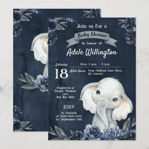 Elephant Boy Watercolor Floral Navy Blue Baby Einladung