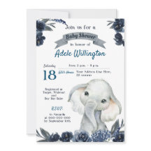 Elephant Boy Watercolor Floral Navy Blue Baby Invi