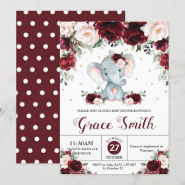 Elephant Burgundy Blush Floral Baby Shower Girl Einladung