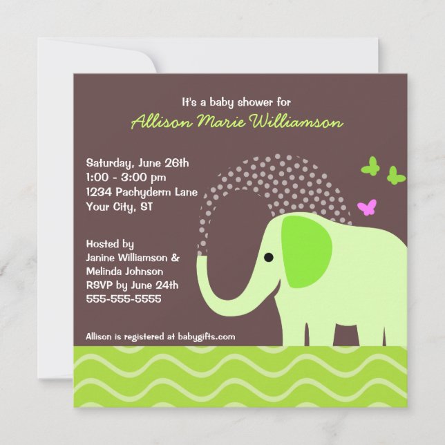 Elephant & Butterflies Babydusche Einladung (Vorderseite)
