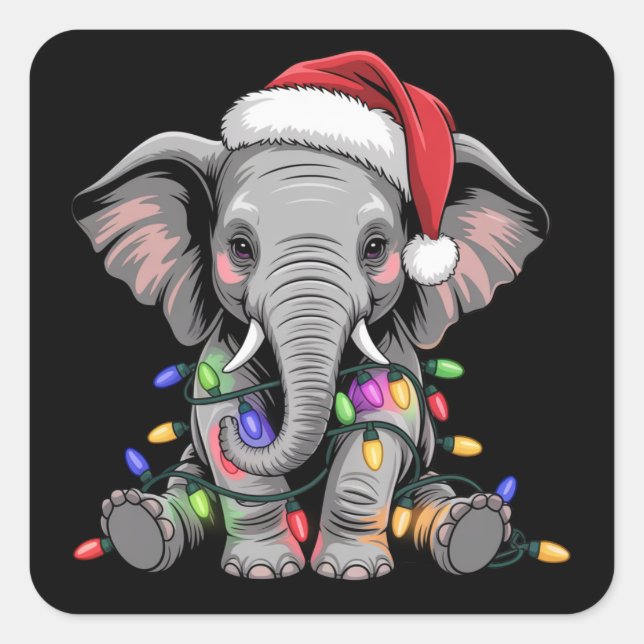 Elephant Christmas Lights Xmas Holiday Wild Animal Quadratischer Aufkleber (Vorderseite)