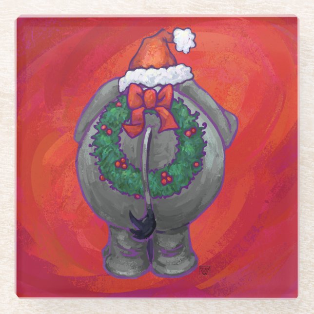 Elephant Christmas on Red Glasuntersetzer (Vorderseite)
