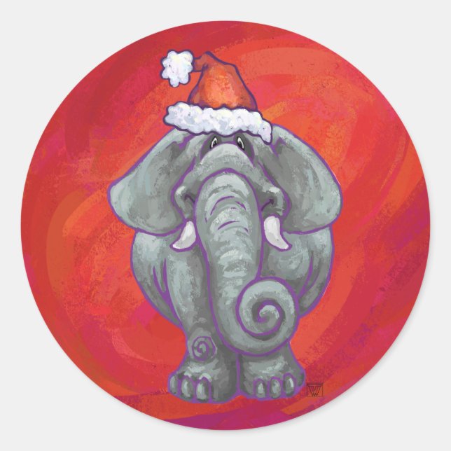 Elephant Christmas on Red Runder Aufkleber (Vorderseite)