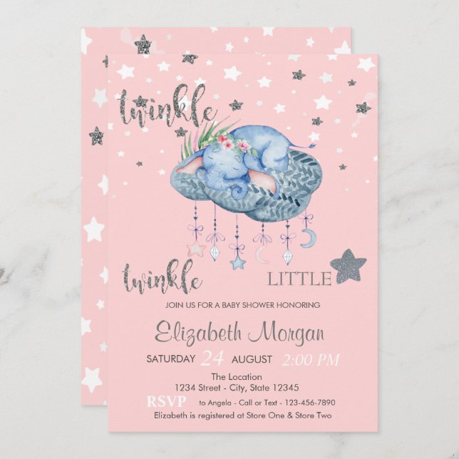 Elephant Cloud Little Star Baby Shower Einladung (Vorne/Hinten)