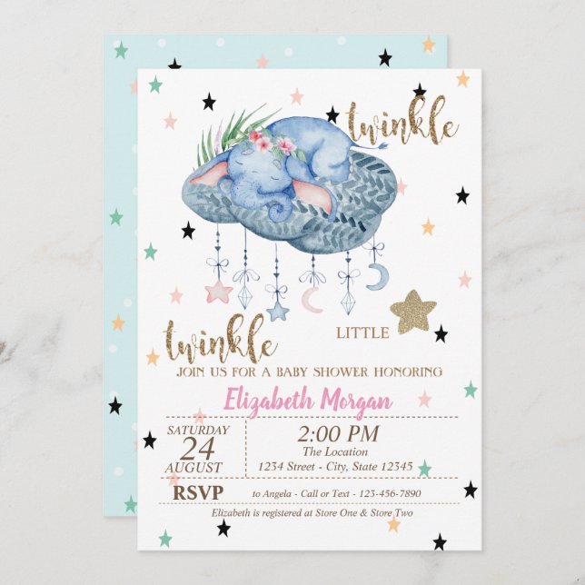 Elephant Cloud, Twinkle Little Star Baby Dusche Einladung (Vorne/Hinten)