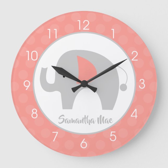 Elephant Coral and Gray Kinderzimmer Girls Große Wanduhr (Vorderseite)