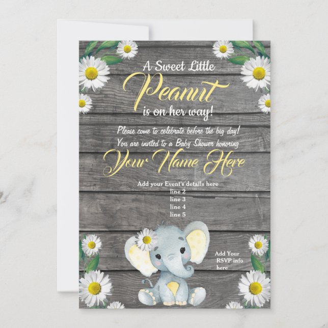 Elephant Daisy Baby Shower Einladung, rustikal Einladung (Vorderseite)