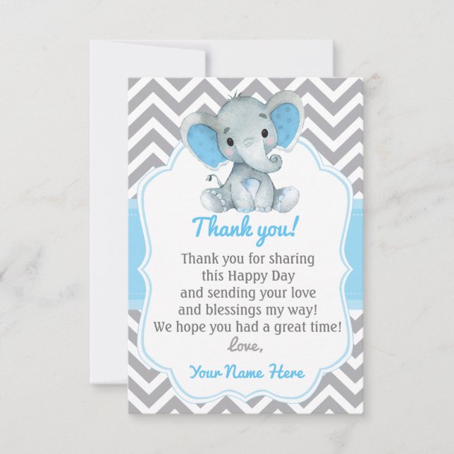 Elephant Dankeschön Card Blue Gray Zickzack Boy Dankeskarte (Vorderseite)