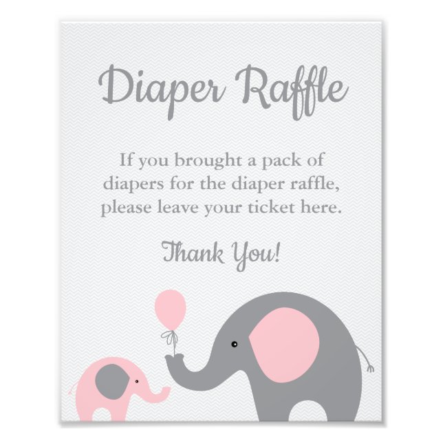 Elephant Diaper Raffle Display-Zeichen in Rosa & G Fotodruck (Vorne)
