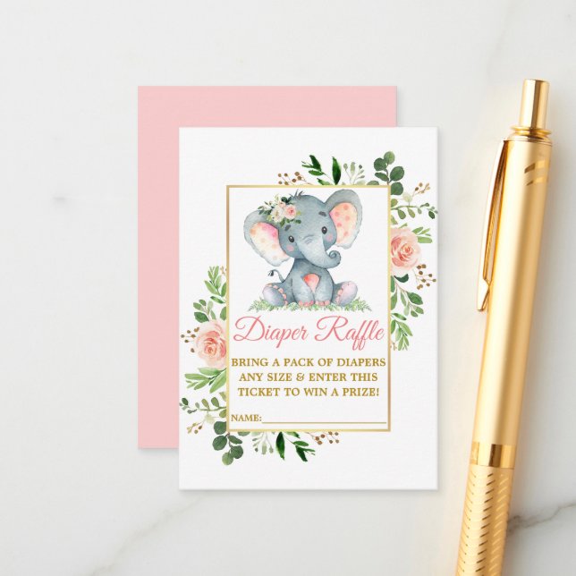 Elephant Diaper Raffle Pink Roses Baby Dusche Begleitkarte (Vorderseite/Rückseite Beispiel)