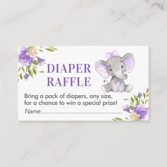 Elephant Diaper Raffle Ticket Lavendel Baby Dusche Begleitkarte (Vorderseite)