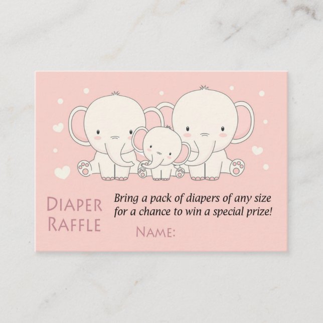 Elephant Diaper Raffle Tickets, rosa und weiß Platzkarte (Vorderseite)