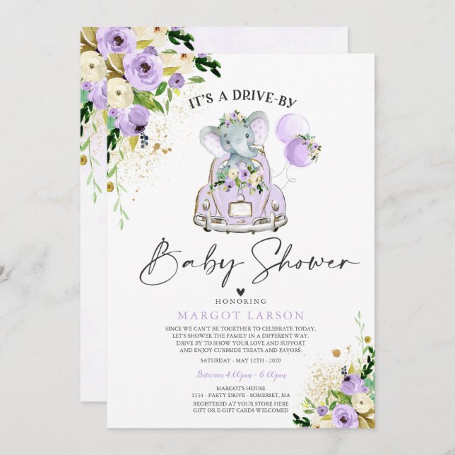 Elephant Drive by Baby Shower Einladung Lila (Vorne/Hinten)